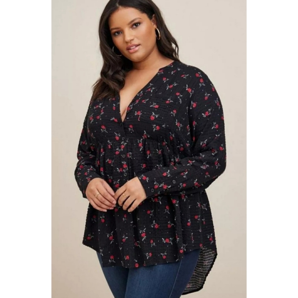 Torrid Size 0 Emma Crinkle Gauze Long Sleeve Babydoll Tunic Top Ditsy Flโฆ